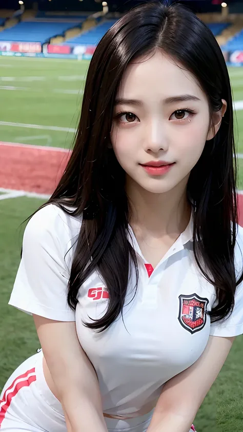 (Best Quality, 4K, Masterpiece: 1.3), Pretty Korean Woman, 1girl, Sexy: 1.1, Long Dark Black Hair: 1.1, Woman in Tight Football Suit, Indonesian Red Football Girl Tight Jersey, Ultra-detailed Face, Detailed Lips, Delicate Eyes, Double Eyelids, ((White Shor...