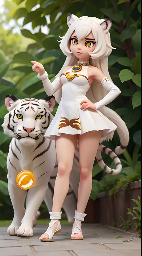 She is very beautiful because she is a white tiger beastman、white and beautiful skin、Yellow eyes、Big eyes、tiny chest、Tiger tail、tchibi、Mega Mini、Megachibi、sexypose