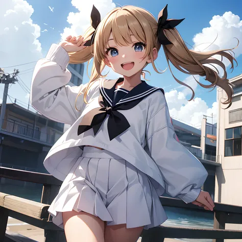 Jumping through the sky while laughing、Junior high school student in white long-sleeved sailor suit、Twin tails with dark blonde hair、a black ribbon、Single big eyes、animesque、