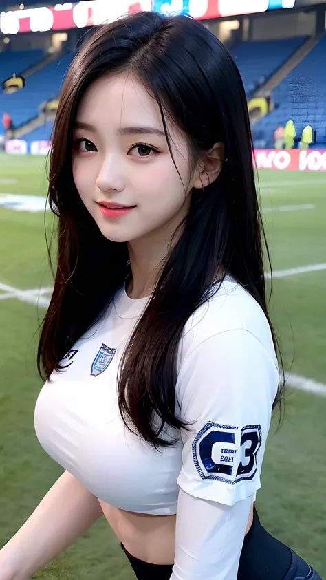 (Best Quality, 4K, Masterpiece: 1.3), Pretty Korean Woman, 1girl, Sexy: 1.1, Long Dark Black Hair: 1.1, Woman in Tight Football Suit, Manchester City Blue Football Girl Tight Jersey, Ultra-detailed Face, Detailed Lips, Delicate Eyes, Double Eyelids, ((Shor...