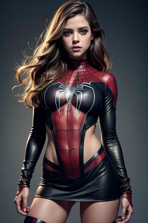 Lyndsy Fonseca、Sticking out the navel、newyork、She wears a torn Spider-Man suit,wearing skirt、 Red and black color scheme,Dynamic、​masterpiece、top-quality、ultra-detailliert、ighly detailed、beautiful detailed brilliance、超A high resolution