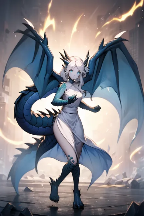 1woman, very long wavy white hair, glowing blue dragon eyes, pale blue scales, slender and tall, determined face, very long dress, dragon legs and hands, 2 wings, 1 tail