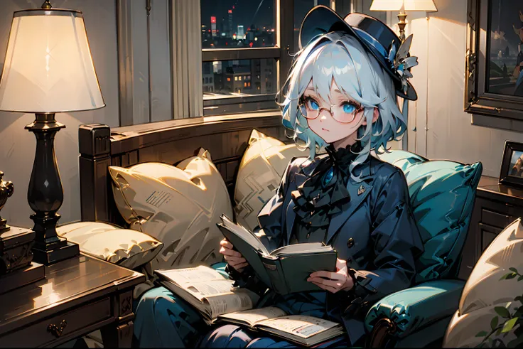 (masterpiece), (4k ultra detailed), smooth skin, blue hat, blue clothes, blue eyes, solo, sitting inside a room, reading books, ...