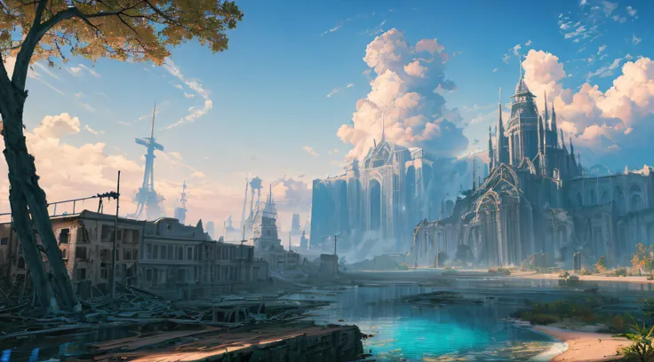 Masterpiece, high detail, 8K resolution, ConceptArt, scenery, water, sky, day, tree, cloud, waterfall, outdoors, (((ruined civilization buildings))), nature, river, blue sky, 1 man, backpack trousers, a wanderer