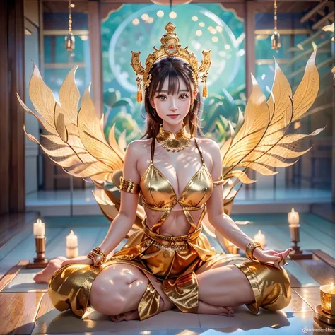 A woman in a gold dress sits in a lotus pose., goddess of love and peace, Angels do yoga in the temple, Thai art, goddesses. very high details, beautiful goddess, a beautiful fantasy empress, tithi luadthong, Holy Goddess, extremely detailed goddess shot, ...