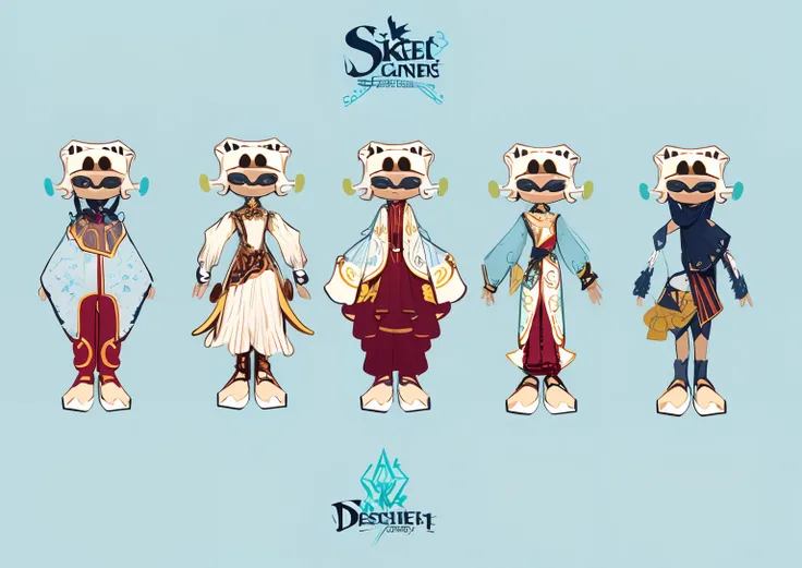 Sketch of a group of cartoon characters dressed in different costumes, clothing design, Detailed character design, costume desig, clothing design, full character design, new costume concept design, Stylized character design, character concept design, cloth...