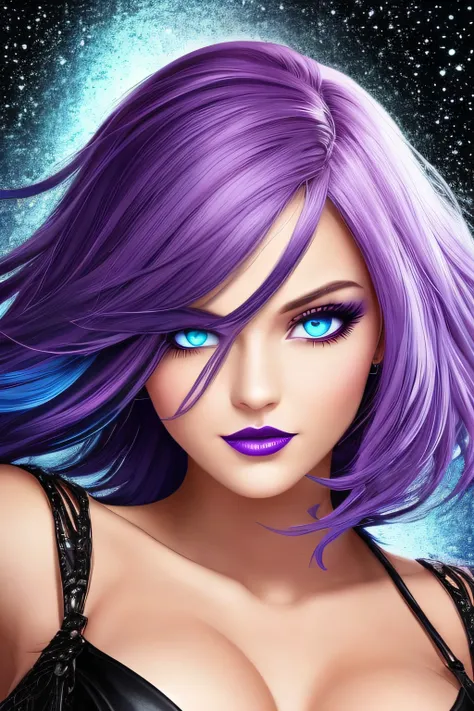 Noir painting of a sexy enchanting sorceress in black dress posing for a picture, flowing purple hair, lush purple lips, mesmerizing blue eyes, almond shaped eyes, highly detailed eyes, curvy, looking at viewer, coy smile, purple haired sorceress, young, b...