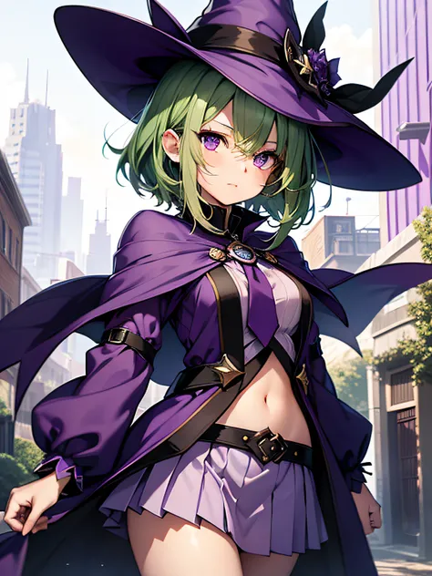 top-quality、extremely delicate and beautiful、(A teenage girl)、Purple Eye、Green hair、short-haired、(purple witch hat)、Purple tie、Soio、shortsleeves、Purple skirt、Purple Wizard Robe、Navel、is standing、Facing the front、