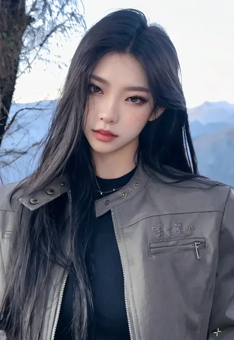 un primer plano de una persona que lleva una chaqueta de cuero, ulzzang, cruel korean goth girl, con cabello largo y oscuro, gon...