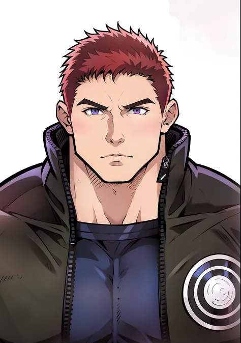 Gere uma imagem de arte no estilo anime de um homem , com cabelo vermelho fosco, olhos roxo ,arte estilo anime .