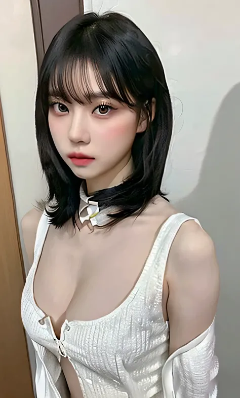 Korean woman in sheer fabric(((DeepVnecklineslipdress))), black hair, (big breasts:1.27), huge areola ,(((areola slip))),((puffy areolae)),((sideboob)),(((collar))), Korean girl, beautiful south Korean woman, gorgeous young Korean woman, beautiful young Ko...