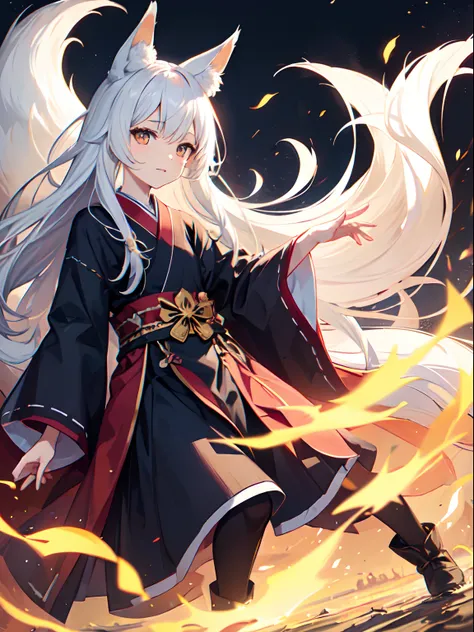 small girl with white hair and fox ears, night parade, blazing sun, 1 fox spirit floating