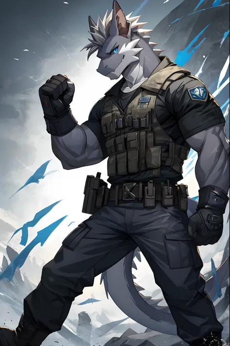 Masterpiece, Cool Pose, Furry Gray Dragon, Medium Strong Body, Blue Eyes, Grey Medium Hair, Combat Shirt, Combat Gloves, Combat Pants, Fierce, Good looking