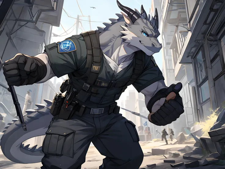 Masterpiece, Cool Pose, Furry Gray Dragon, Medium Strong Body, Blue Eyes, Grey Medium Hair, Combat Shirt, Combat Gloves, Combat Pants, Fierce, Good looking