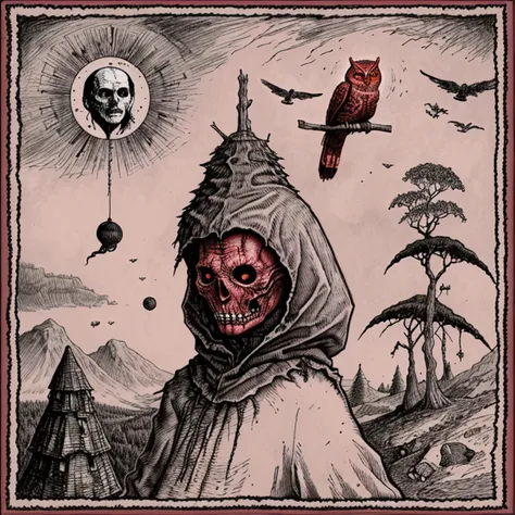 A drawing of a red owl sitting on top of a hill, inspirado por Alfred Kubin, portada, album cover art, Mark Riddick, album cover art, arte, Nightmare illustration, Chtulhu, just art for dark metal music, Portada detallada, album cover art, Baba Yaga, Grime...