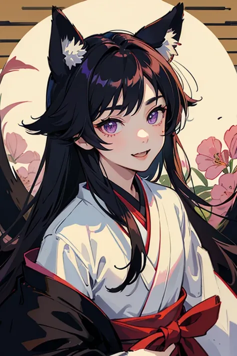 masterpiece, best quality, young japanese man posing for a portrait, 1boy, male focus, solo, kitsune, fangs, pale skin, violet eyes, tsurime, hime cut, straight hair, black hair, long hair, kemonomimi, animal ears, black fox ears, japanese clothes, kimono,...