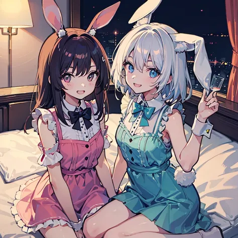 Two girls with rabbit ears smiling, Facing each other in bed at night in a dark room