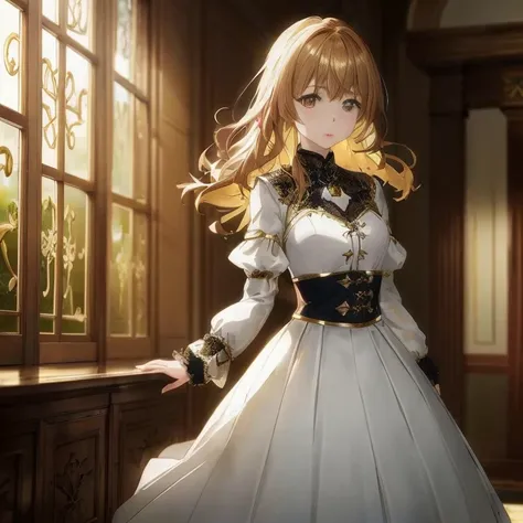 Anime girl in white dress standing in front of window, Cute anime waifu in a nice dress, from girls frontline, Female protagonist 👀 :8, Fine details. girls frontline, anime key visual of elegant, cushart krenz key art feminine, Ayaka Genshin Impact, Violet...