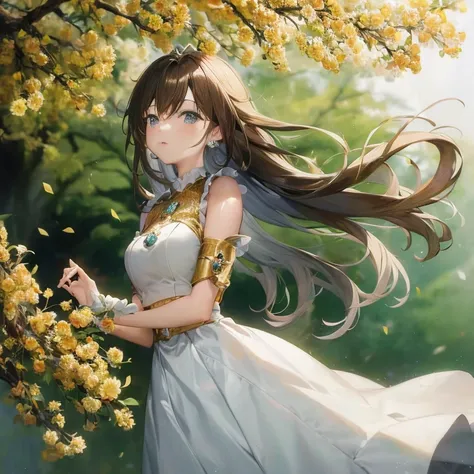 anime girl in a white dress with long hair and a gold dress, beautiful anime girl, beautiful maiden, cute anime waifu in a nice ...