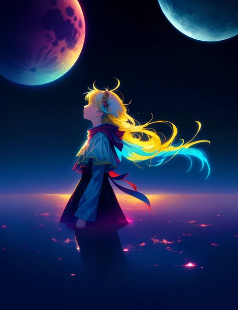 ((Supergiant pale yellow moon))((A girl who looks up at her profile and is subjectively depicted))、((Crying girl))、Profile Girls、On a multicolored background、River painting with stars and moon in rainbow sky、Shining skyscrapers、Shine across the board、Conce...