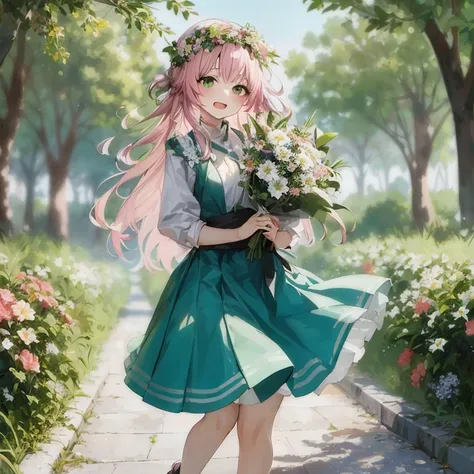 anime girl with pink hair and green dress holding flowers, guweiz on pixiv artstation, guweiz, smooth anime cg art, cute anime w...