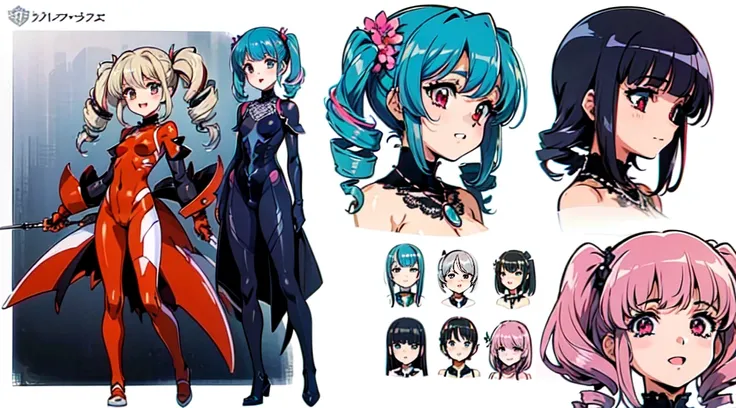 "(masterpiece:1.1), best quality, 
1girl, (80s anime style:1.3), (eyelashes:1.5), (loli:1.2), 
(intricate high detailed body:1.2), 
blue hair, 
(blunt bangs:1.1), (twintails, drill hair:1.2), (hair ornament:1.2), 
red eyes, 
(small breasts, flat chest:1.1)...