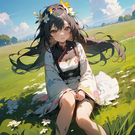 Anime girl sitting in a field with flowers in her hair, Anime visuals of cute girls, guweiz on pixiv artstation, guweiz, anime moe art style, guweiz on artstation pixiv, Beautiful anime girl, anime style 4 k, beautiful anime artwork, beautiful anime art, a...