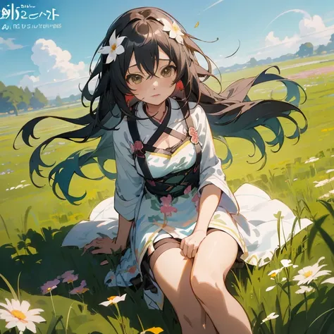 Anime girl sitting in a field with flowers in her hair, Anime visuals of cute girls, guweiz on pixiv artstation, guweiz, anime moe art style, guweiz on artstation pixiv, Beautiful anime girl, anime style 4 k, beautiful anime artwork, beautiful anime art, a...