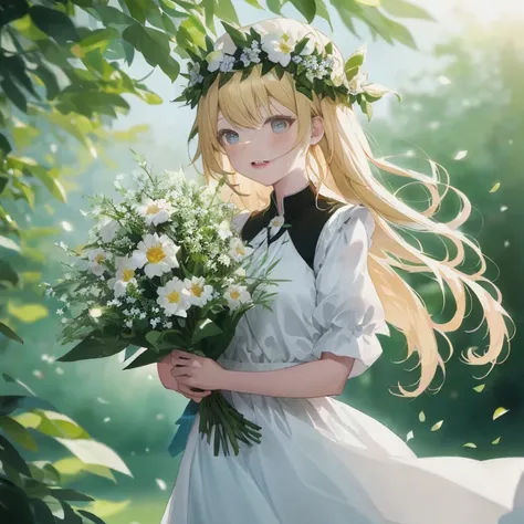 Anime girl with flowers in hair and white dress, guweiz on pixiv artstation, a maid in a magical forest, guweiz on artstation pixiv, loli in dress, Beautiful Anime Portrait, guweiz, artwork in the style of guweiz, portrait of Lolita, marisa kirisame, Beaut...