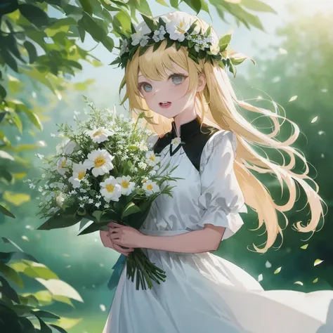 Anime girl with flowers in hair and white dress, guweiz on pixiv artstation, a maid in a magical forest, guweiz on artstation pixiv, loli in dress, Beautiful Anime Portrait, guweiz, artwork in the style of guweiz, portrait of Lolita, marisa kirisame, Beaut...