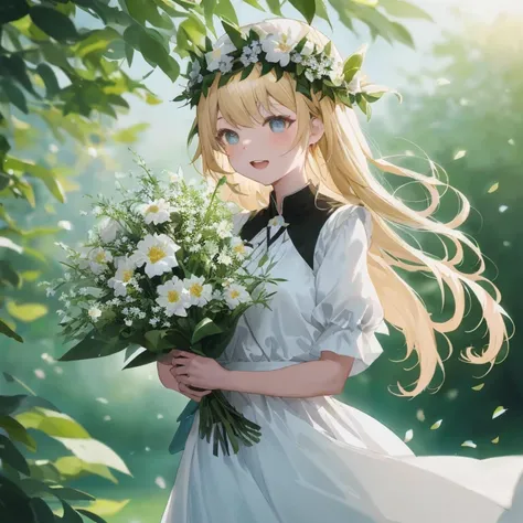 Anime girl with flowers in hair and white dress, guweiz on pixiv artstation, a maid in a magical forest, guweiz on artstation pixiv, loli in dress, Beautiful Anime Portrait, guweiz, artwork in the style of guweiz, portrait of Lolita, marisa kirisame, Beaut...