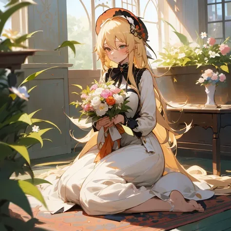 Anime girl with long blonde hair sitting on a rug holding a bouquet of flowers, loli in dress, Cute anime waifu in a nice dress, with flowers, guweiz on pixiv artstation, Beautiful anime girl, blonde - haired princess, Cute anime girl, blonde anime girl wi...