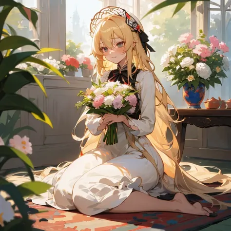 Anime girl with long blonde hair sitting on a rug holding a bouquet of flowers, loli in dress, Cute anime waifu in a nice dress, with flowers, guweiz on pixiv artstation, Beautiful anime girl, blonde - haired princess, Cute anime girl, blonde anime girl wi...