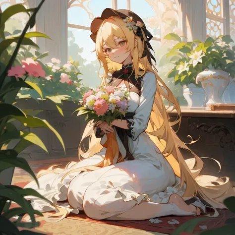 Anime girl with long blonde hair sitting on a rug holding a bouquet of flowers, loli in dress, Cute anime waifu in a nice dress, with flowers, guweiz on pixiv artstation, Beautiful anime girl, blonde - haired princess, Cute anime girl, blonde anime girl wi...