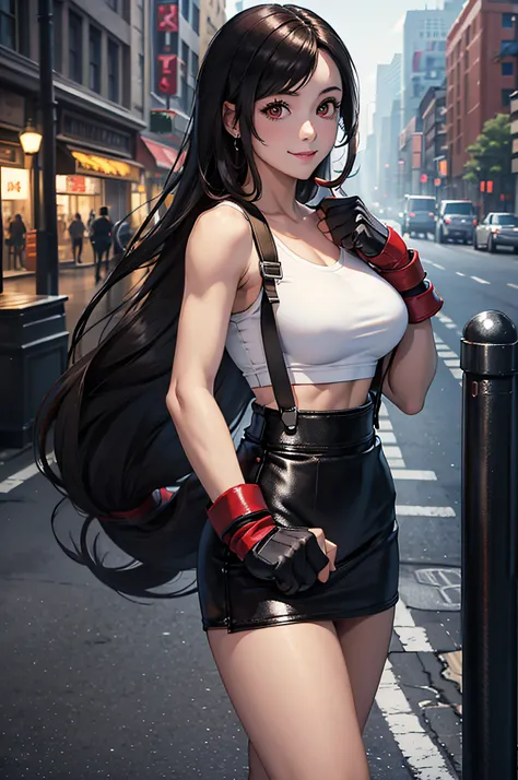 (masterpiece), best quality, expressive eyes, perfect face, 1 girl, solo, defTifa, white crop top, elbow pad, fingerless gloves, suspenders, pencil skirt, black socks, red boots, city, metallic city, night, smiling, posing, standing, upper body, portrait, ...