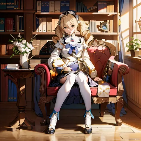 anime girl sitting on a chair in front of a bookshelf, blonde anime girl with long hair, inspired by li chevalier, anime visuals...