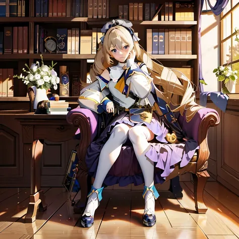 anime girl sitting on a chair in front of a bookshelf, blonde anime girl with long hair, inspired by li chevalier, anime visuals...