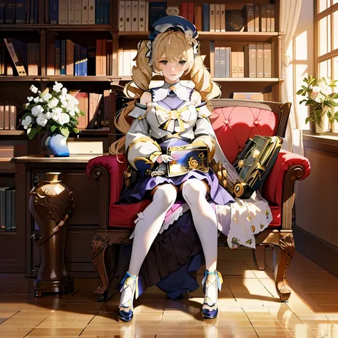 anime girl sitting on a chair in front of a bookshelf, blonde anime girl with long hair, inspired by li chevalier, anime visuals...