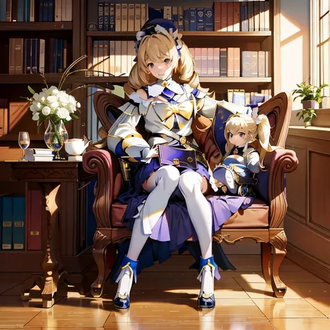 anime girl sitting on a chair in front of a bookshelf, blonde anime girl with long hair, inspired by li chevalier, anime visuals...