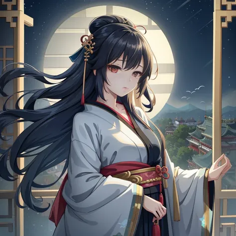 Woman in kimono standing in front of window, palatial palace ， a girl in hanfu, Anime art wallpaper 8k, anime style 4 k, artwork in the style of guweiz, flowing hair and long robes, anime art wallpaper 4k, anime art wallpaper 4k, Trending on ArtStation pix...