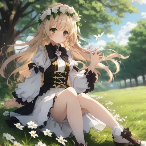 Anime girl sitting in the grass with a flower crown on her head, Cute anime waifu in a nice dress, loli in dress, a maid in a magical forest, Anime visuals of cute girls, Beautiful maiden, a sexy maid in a magical forest, blonde anime girl with long hair, ...