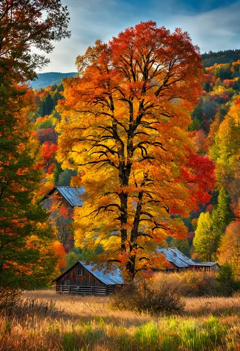 Autumn landscape, foliage, crisp, serene, nostalgic, rustling, bountiful, embraces falling leaves in a rustic, bittersweet, and cozy art style.