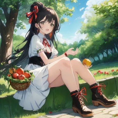 Anime girl sitting on the wall holding a basket of fruit, anime style 4 k, beautiful anime girl squatting, High quality anime art style, Cute anime girl, the anime girl is crouching, Anime visuals of cute girls, anime moe art style, Beautiful anime girl, g...