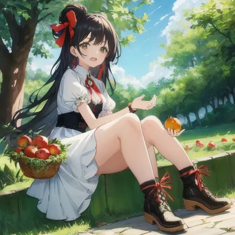 anime girl sitting on the wall holding a basket of fruit, anime style 4 k, beautiful anime girl squatting, high quality anime ar...