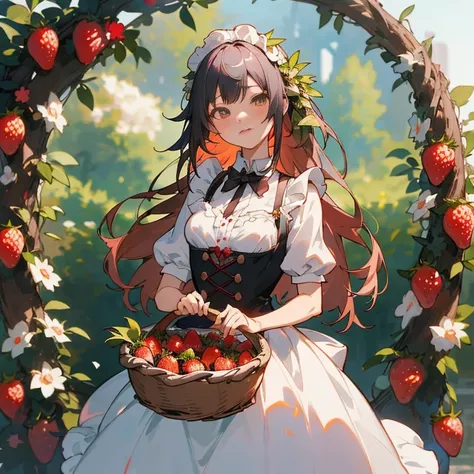 Anime girl with a basket of strawberries in front of a wreath, guweiz on pixiv artstation, guweiz, guweiz on artstation pixiv, a maid in a magical forest, Official art, Rin, Cute anime waifu in a nice dress, Anime visuals of cute girls, Trending on ArtStat...