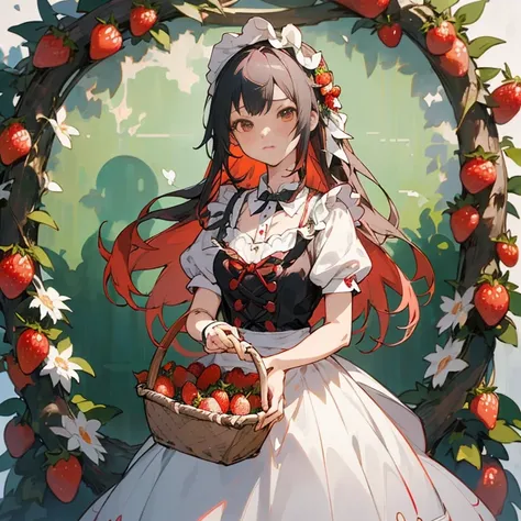 Anime girl with a basket of strawberries in front of a wreath, guweiz on pixiv artstation, guweiz, guweiz on artstation pixiv, a maid in a magical forest, Official art, Rin, Cute anime waifu in a nice dress, Anime visuals of cute girls, Trending on ArtStat...