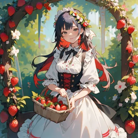 Anime girl with a basket of strawberries in front of a wreath, guweiz on pixiv artstation, guweiz, guweiz on artstation pixiv, a maid in a magical forest, Official art, Rin, Cute anime waifu in a nice dress, Anime visuals of cute girls, Trending on ArtStat...