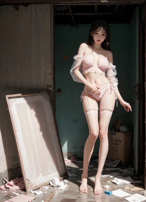 tmasterpiece，photograph realistic，Abandoned schools，In a room full of garbage，Dirty 1.5，Very beautiful 25 year old Korean girl，Pink and white sheer lace lingerie exposed ，The pink and white transparent panties retreat to the crotch，Leaky，very beautiful lon...