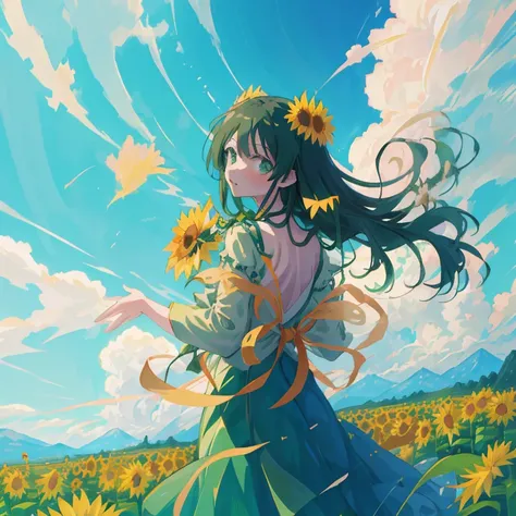 Woman in green dress standing in a sunflower field, official artwork, official anime artwork, Official art, Anime visuals of cute girls, arte koto no ha no niwa, Beautiful sunflower anime girl, Rin, high quality anime movie still, todays featured anime sti...