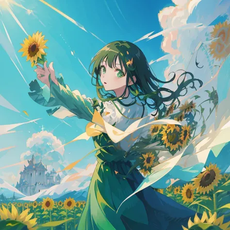 Woman in green dress standing in a sunflower field, official artwork, official anime artwork, Official art, Anime visuals of cute girls, arte koto no ha no niwa, Beautiful sunflower anime girl, Rin, high quality anime movie still, todays featured anime sti...